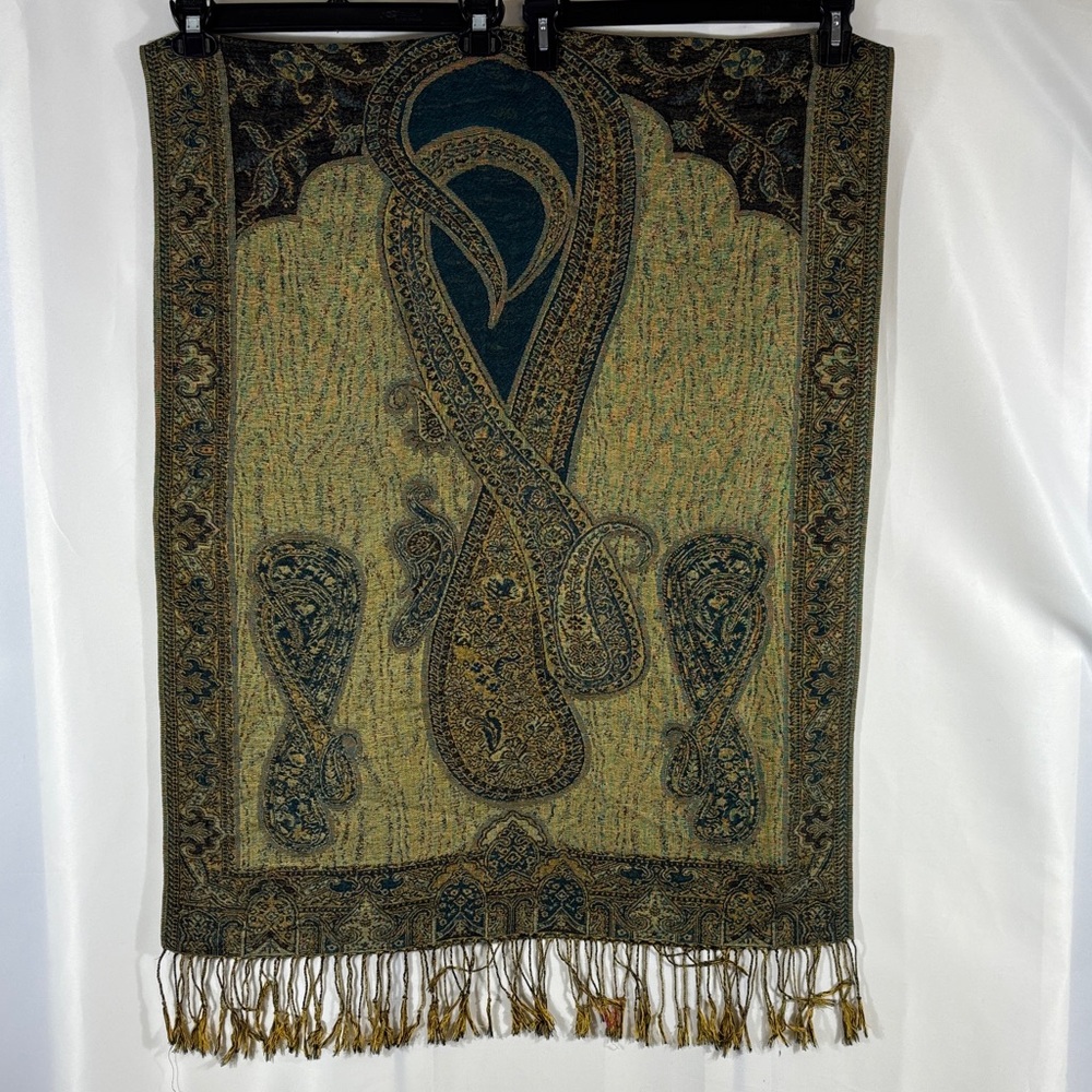 pashmina Gold, black and Teal Paisley Shawl 68 in x 27